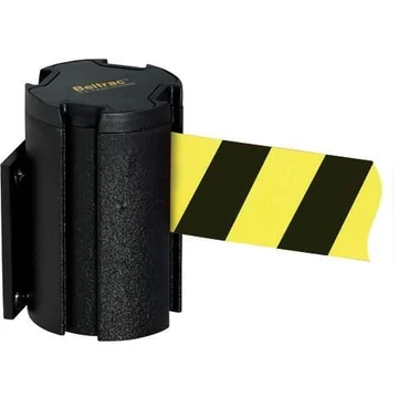 Övkorlát L falra szerelhető L kazettában, szalaghossz 3,7 m, mágneses, fekete / öv színe sárga-fekete