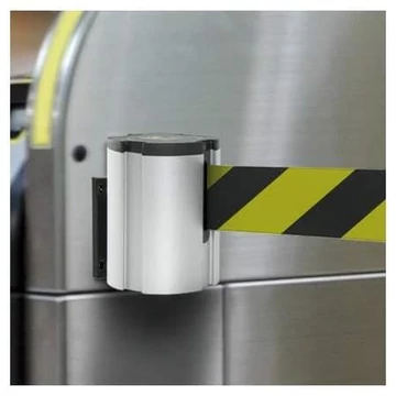 Övkorlát falra szerelhető L kazettában, szalaghossz 3,7 m, mágneses, króm / öv színe sárga-fekete