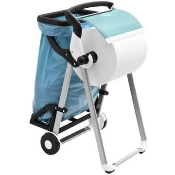 TORK tisztító papíradagoló szemetes zsáktartóval, mobil, fehér színű, türkiz