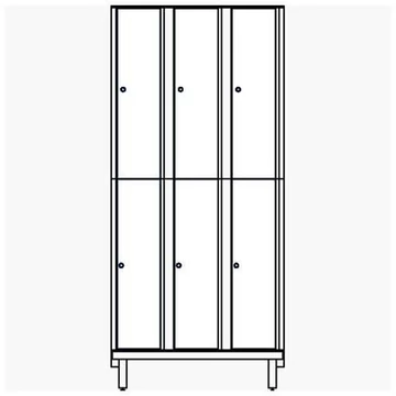 Öltözőszekrény HPL dekorlemezből nedves helyiségekbe, osztott, 3x2 rekesz, szélesség 900 mm, 4 láb, hengerzár, fehér szín.