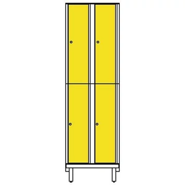 Ruhatároló szekrény HPL-ből nedves területekre, osztott, 2x2 rekeszekkel, szélessége 600 mm, 4 láb, hengerzár, sárga szín.