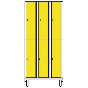 HPL dekorlemez öltözőszekrény nedves helyiségekbe, osztott, 3x2 rekesz, szélesség 900 mm, 4 láb, hengerzár, sárga szín.