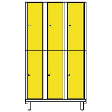 Öltözőszekrény HPL dekorlemezből nedves helyiségekbe, osztott, 3x2 rekesszel, szélessége 1200 mm, 4 láb, hengerzár, sárga szín.