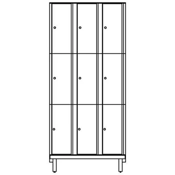 Ruhatároló szekrény HPL-ből nedves területekre, osztott, 3x3 rekeszekkel, szélesség 900 mm, 4 láb, forgóreteszokkal, fehér színű.