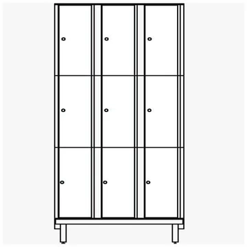 Ruhatároló szekrény HPL-ből nedves területekre, osztott, 3x3 rekeszes, szélessége 1200 mm, 4 láb, esztergacsavarok, fehér színű.
