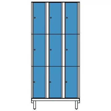 Ruhatároló szekrény HPL-ből nedves területekre, osztott, 3x3 rekeszek, szélesség 900 mm, 4 láb, esztergacsavarok, kék színű.
