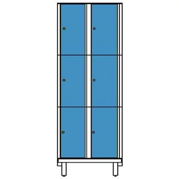 Ruhatároló szekrény HPL-ből nedves területekre, osztott, 2x3 rekeszekkel, szélesség 800 mm, 4 láb, esztergacsavar, kék színű.