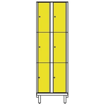 Ruhatároló szekrény HPL-ből nedves területekre, osztott, 2x3 rekeszekkel, szélesség 600 mm, 4 láb, elforduló csavar, sárga színű.