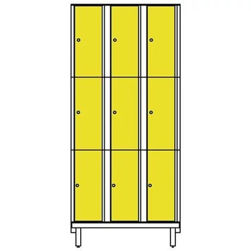 Ruhatároló szekrény HPL-ből nedves területekre, osztott, 3x3 rekeszek, szélesség 900 mm, 4 láb, esztergacsavarok, sárga színű.