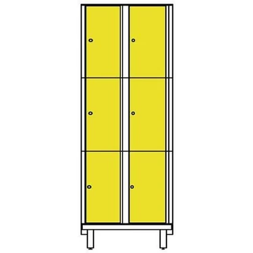 Ruhatároló szekrény HPL-ből nedves területekre, osztott, 2x3 rekeszek, szélesség 800 mm, 4 láb, esztergacsavar, sárga színű.