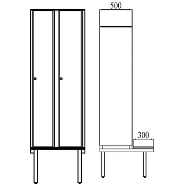 Ruhatároló szekrény HPL-ből nedves területekre, 2 x 300 mm, paddal, forgóreteszral, ajtó színe fehér RAL9010.