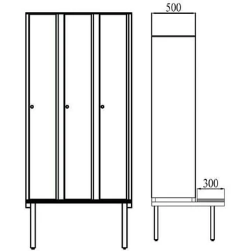 Ruhatároló szekrény HPL-ből nedves területekre, 3 x 300 mm, paddal, forgóreteszral, az ajtó színe fehér RAL9010.