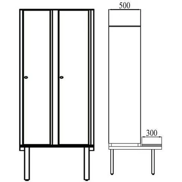 Ruhatároló szekrény HPL-ből nedves területekre, 2 x 400 mm, paddal, forgó csavarral, az ajtó színe fehér RAL9010.
