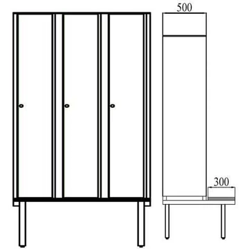 Ruhatároló szekrény HPL-ből nedves területekre, 3 x 400 mm, paddal, forgóreteszral, az ajtó színe fehér RAL9010.