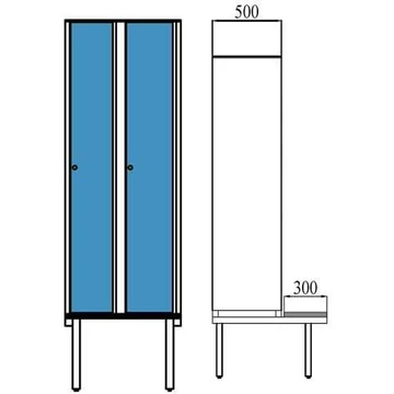 Ruhatároló szekrény HPL-ből nedves területekre, 2 x 300 mm, paddal, forgóreteszral, az ajtó színe kék RAL5015.