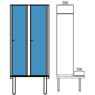 Gardróbszekrény HPL-ből nedves területekre, 2 x 400 mm, paddal, forgóreteszral, az ajtó színe kék RAL5015.