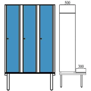 Ruhatároló szekrény HPL-ből nedves területekre, 3 x 400 mm, paddal, forgóreteszral, az ajtó színe kék RAL5015.