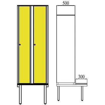 Ruhatároló szekrény HPL-ből nedves területekre, 2 x 300 mm, paddal, forgóreteszral, az ajtó színe sárga RAL1023.