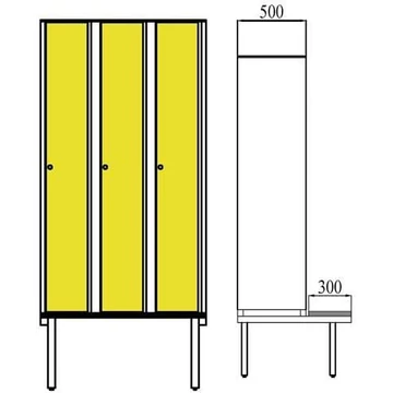 Ruhatároló szekrény HPL-ből nedves területekre, 3 x 300 mm, paddal, forgó csavarral, az ajtó színe sárga RAL1023.