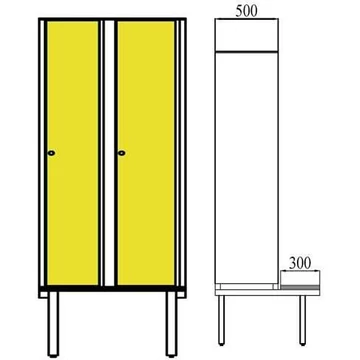 Ruhatároló szekrény HPL-ből nedves területekre, 2 x 400 mm, paddal, forgóreteszral, az ajtó színe sárga RAL1023.