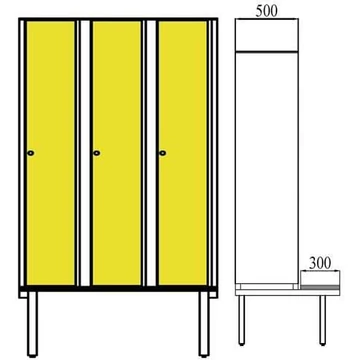Ruhatároló szekrény HPL-ből nedves területekre, 3 x 400 mm, paddal, forgóreteszral, az ajtó színe sárga RAL1023.