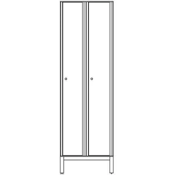 Ruhatároló szekrény HPL-ből nedves területekre, 2 x 300 mm, 4 láb, forgó csavar, az ajtó színe fehér RAL9010.