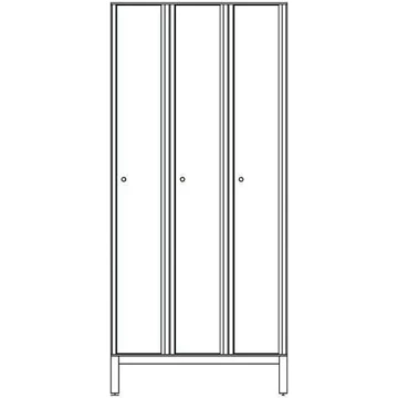 Ruhatároló szekrény HPL-ből nedves területekre, 3 x 300 mm, 4 láb, forgóretesz, az ajtó színe fehér RAL9010.