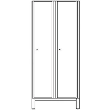 Ruhatároló szekrény HPL-ből nedves területekre, 2 x 400 mm, 4 láb, forgóretesz, az ajtó színe fehér RAL9010.