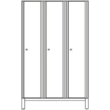 Ruhatároló szekrény HPL-ből nedves területekre, 3 x 400 mm, 4 láb, forgóretesz, az ajtó színe fehér RAL9010.