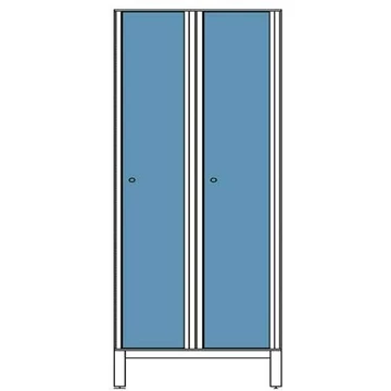 Gardróbszekrény HPL-ből nedves területekre, 2 x 400 mm, 4 láb, forgó csavar, az ajtó színe kék RAL5015.