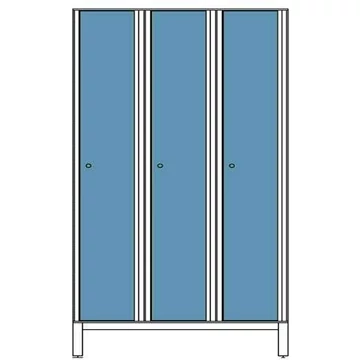 Ruhatároló szekrény HPL-ből nedves területekre, 3 x 400 mm, 4 láb, forgó csavar, az ajtó színe kék RAL5015.