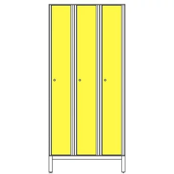 Ruhatároló szekrény HPL-ből nedves területekre, 3 x 300 mm, 4 láb, forgó csavar, az ajtó színe sárga RAL1023.