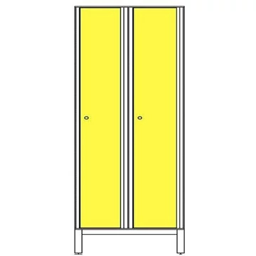 Ruhatároló szekrény HPL-ből nedves területekre, 2 x 400 mm, 4 láb, forgó csavar, az ajtó színe sárga RAL1023.