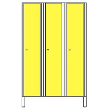 Ruhatároló szekrény HPL-ből nedves területekre, 3 x 400 mm, 4 láb, forgó csavar, az ajtó színe sárga RAL1023.