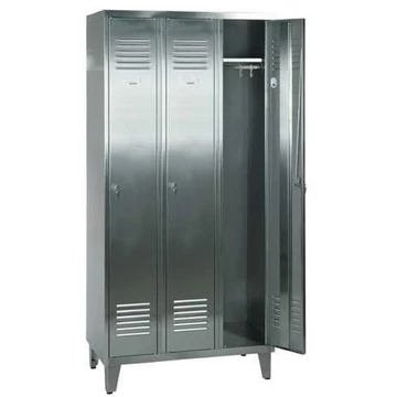 Rozsdamentes acél gardróbszekrény, 3 x 400 mm, lábbal, hárompontos hengerzárral