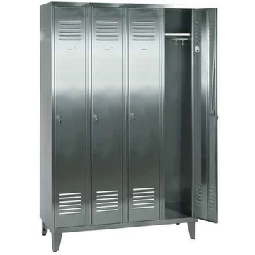Rozsdamentes acél gardróbszekrény, 4 x 300 mm, lábbal, hárompontos hengerzárral
