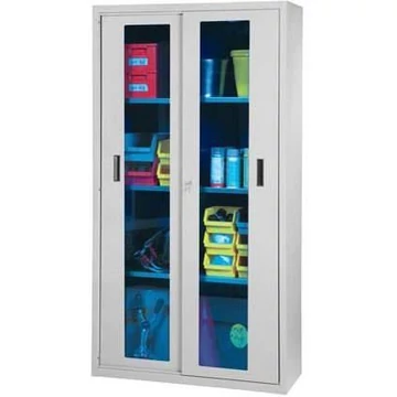 Műhelyszekrény, ma x sz x mé: 1950 x 1044 x 405 mm, tolóajtók ablakokkal, 3 x polc 100 kg, szín világosszürke RAL7035