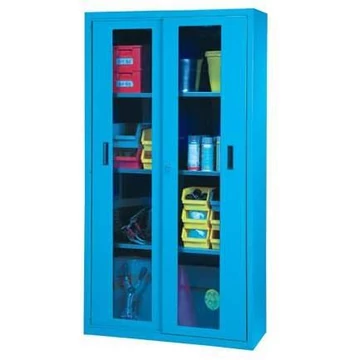 Műhelyszekrény, ma x sz x mé: 1950 x 1044 x 405 mm, tolóajtók ablakokkal, 3 x polc 100 kg, kék színű RAL5012