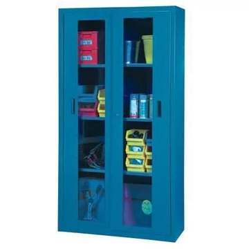 Műhelyszekrény, ma x sz x mé: 1950 x 1044 x 405 mm, tolóajtók ablakokkal, 3 x polc 100 kg, sötétkék színű RAL5010