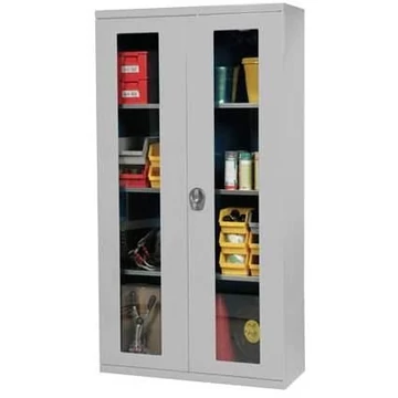 Műhelyszekrény, ma x sz x mé: 1950 x 1044 x 405 mm, ablaküveg ajtók, 3 x polc 100 kg, színe világosszürke RAL7035