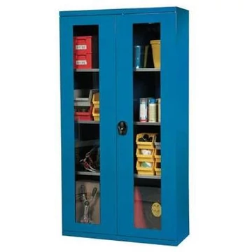 Műhelyszekrény, ma x sz x mé: 1950 x 1044 x 405 mm, ablaküveg ajtók, 3 x polc 100 kg, sötétkék színű RAL5010