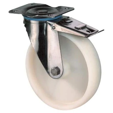 Rozsdamentes acél beálló görgő fékkel, poliamid, átm. 80 mm, teherbírás 100 kg