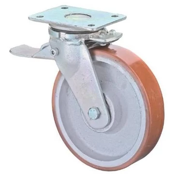 Beálló szállítógörgő fékkel, öntött peremmel, poliuretán futófelületsel, átm. 250 mm, teherbírása 1300 kg