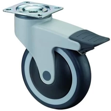 Készülék beálló görgő rögzítőfékkel, műanyag villa, átm. 125 mm, csavarozható lemezzel, teherbírása 120 kg