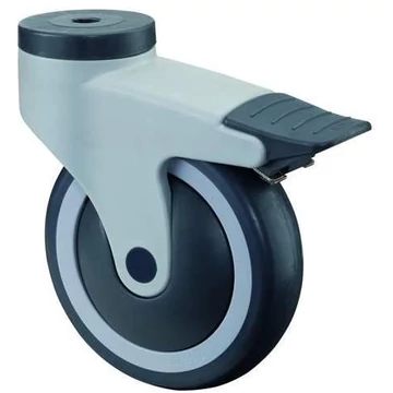 Készülék beálló görgő rögzítőfékkel, műanyag villa, átm. 125 mm, csavarlyukkal, teherbírása 120 kg