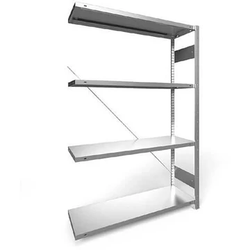 Dugaszolható állvány CLIP, mag.: 2000 mm, 4 polc 1300 x 400 mm, teherbírása 230 kg, horganyzott, toldalék állvány