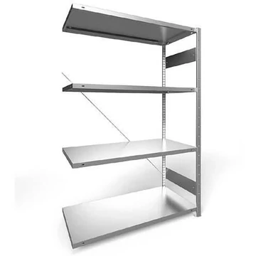 Dugaszolható állvány CLIP, mag.: 2000 mm, 4 polc 1300 x 600 mm, teherbírása 230 kg, horganyzott, toldalék állvány