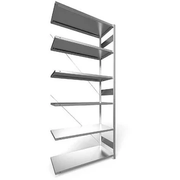 Dugaszolható állvány CLIP, mag.: 3000 mm, 6 polc 1300 x 500 mm, teherbírása 230 kg, horganyzott, toldalék állvány