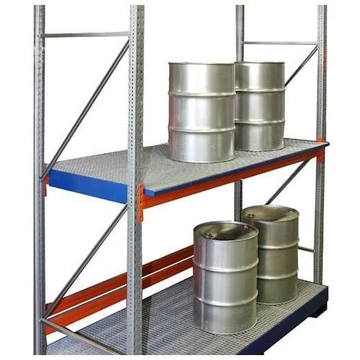 Acélgyűjtő tálcák raklapos állványokhoz, acélrácsokkal, hordozókon történő tárolással, 2680x1300x140 mm, kék RAL5010