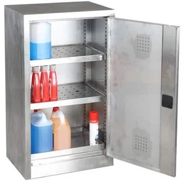 Vegyianyag tároló szekrény, rozsdamentes, 1 alsó felfogótálca, 2 tálcás polc, ma x sz x mé: 1040x600x435 mm